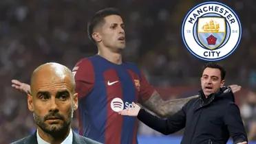 Joao Cancelo lamentándose. Escudo de Manchester City, Xavi Hernández y Pep Guardiola