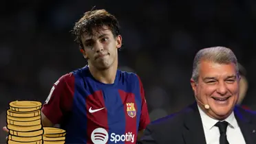 Joao Félix con la camiseta del Barcelona. Laporta sonriendo y monedas doradas.