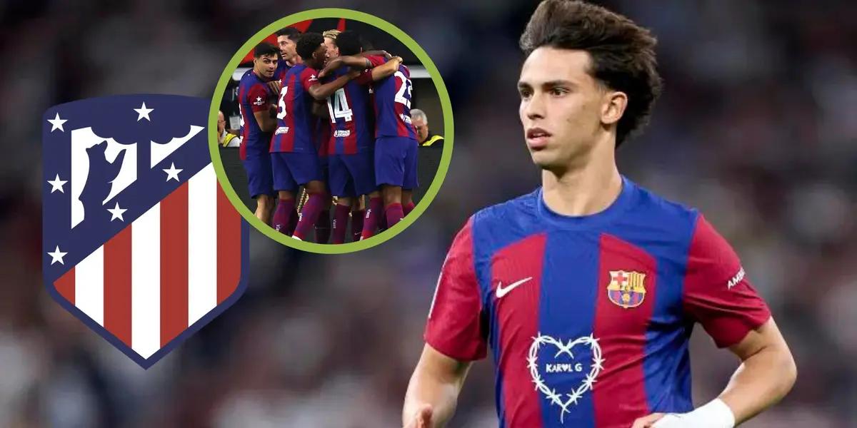 Joao Félix en el FC Barcelona, junto a su equipo celebrando un gol y el escudo del Atlético de Madrid.