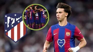 Joao Félix en el FC Barcelona, junto a su equipo celebrando un gol y el escudo del Atlético de Madrid.