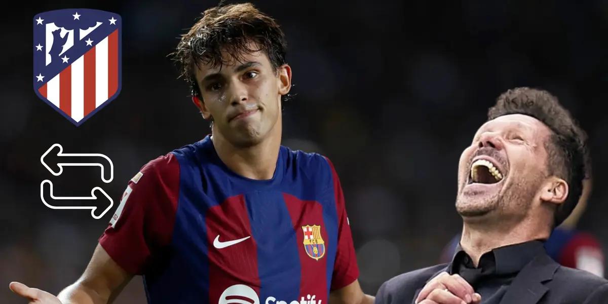 Joao Félix en FC Barcelona. Escudo de Atleti y señal de intercambio, Diego Simeone riendo.