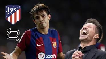 Joao Félix en FC Barcelona. Escudo de Atleti y señal de intercambio, Diego Simeone riendo.