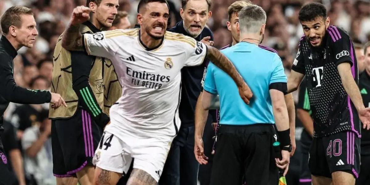 Joselu, delantero del Real Madrid, y jugadores del Bayern Múnich