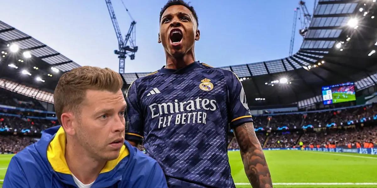 Jota Jordi, hincha del FC Barcelona, y Rodrygo Goes celebrando gol al Manchester City