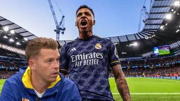 Jota Jordi, hincha del FC Barcelona, y Rodrygo Goes celebrando gol al Manchester City