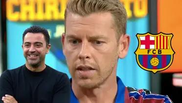 Jota Jordi preocupado, Xavi Hernández sonriente. Escudo del FC Barcelona en un costado.