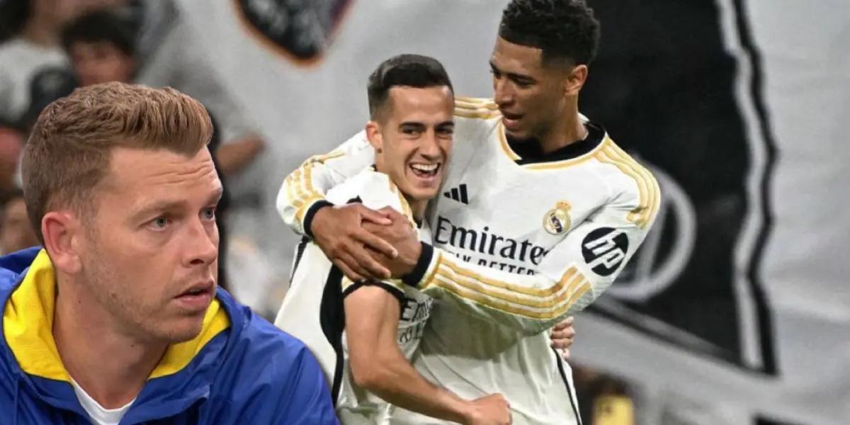Jota Jordi y los jugadores del Real Madrid celebrando el gol al FC Barcelona