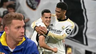 Jota Jordi y los jugadores del Real Madrid celebrando el gol al FC Barcelona