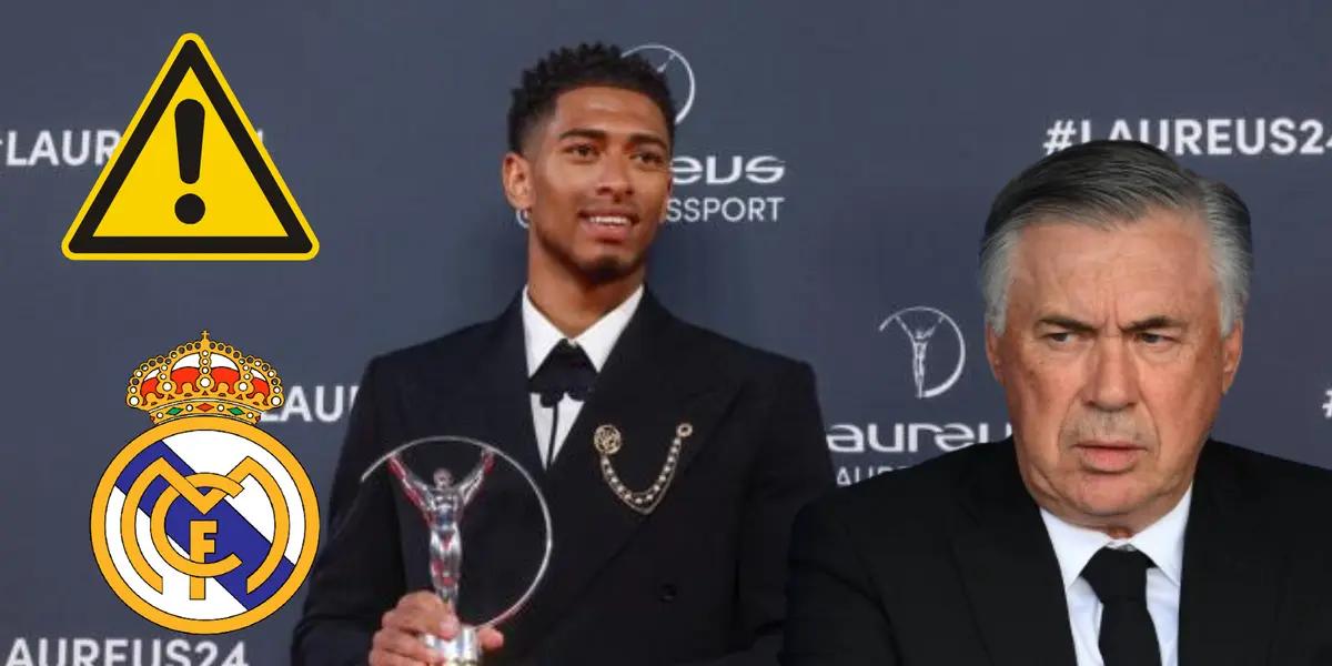 Jude Bellingham ganador del Premio Laureus. Ancelotti serio, escudo del Real Madrid y logo de advertencia.