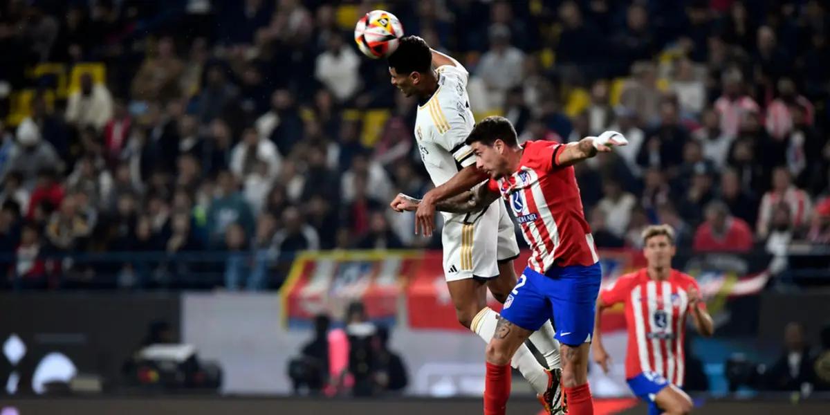 Jude Bellingham rematando de cabeza en un partido vs Atlético de Madrid