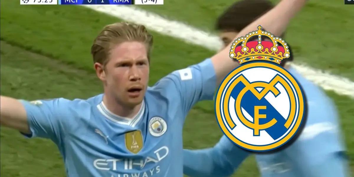 Kevin De Bruyne festejando el gol que le anotó al Real Madrid, por Champions League