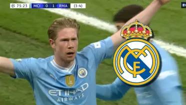 Kevin De Bruyne festejando el gol que le anotó al Real Madrid, por Champions League