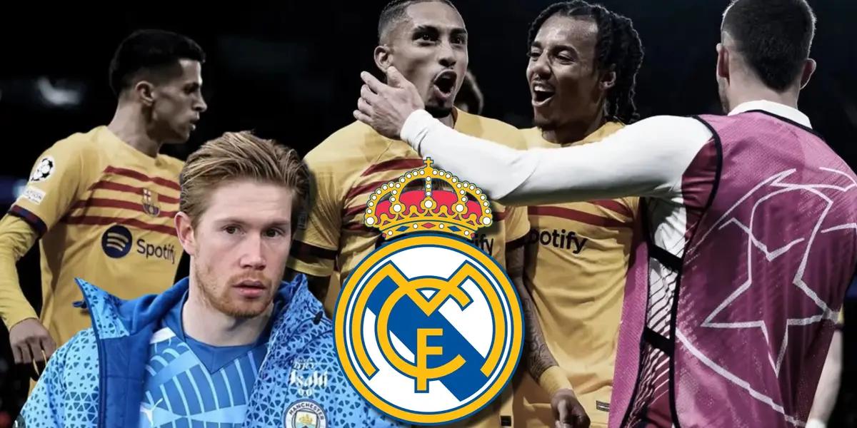 Kevin De Bruyne y los jugadores del FC Barcelona celebrando el gol al PSG