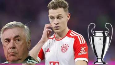 Kimmich con cara de preocupación, Ancelotti mirando de reojo, trofeo de Champions