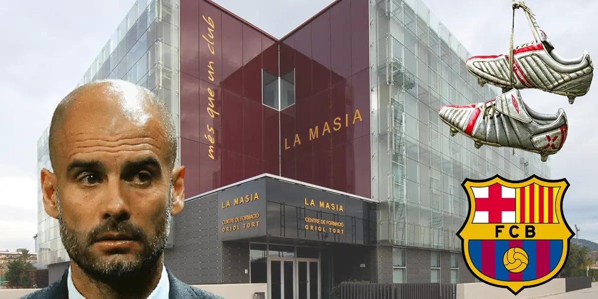 La Masía de Fondo. Pep Guardiola preocupado, botines colgados y escudo del FC Barcelona
