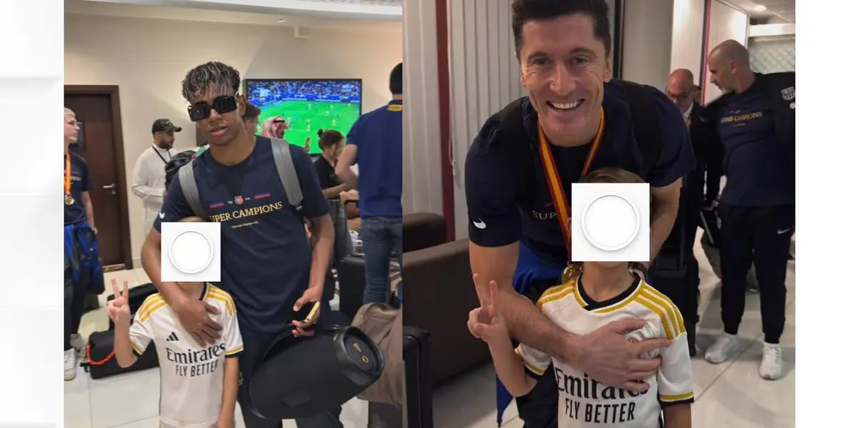 Lamine y Lewandowski se hicieron fotos con un hincha del Madrid al finalizar la Supercopa y estos tuvieron un gesto con él