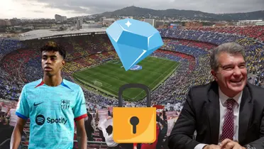 Lamine Yamal con camiseta del Barcelona, Joan Laporta riendo. Joya y candado en el medio de la imagen, de fondo el Camp Nou