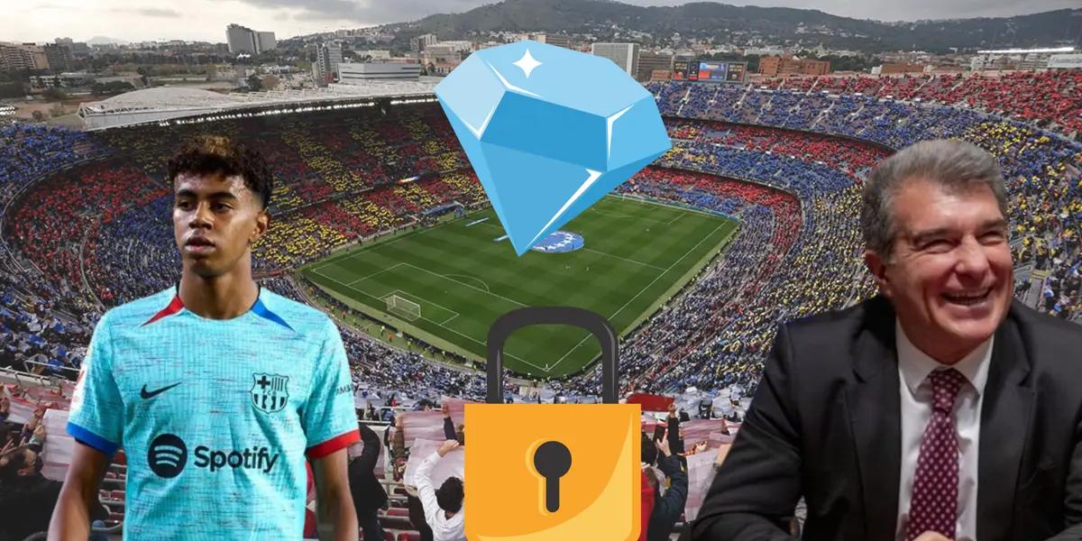 Lamine Yamal con camiseta del Barcelona, Joan Laporta riendo. Joya y candado en el medio de la imagen, de fondo el Camp Nou