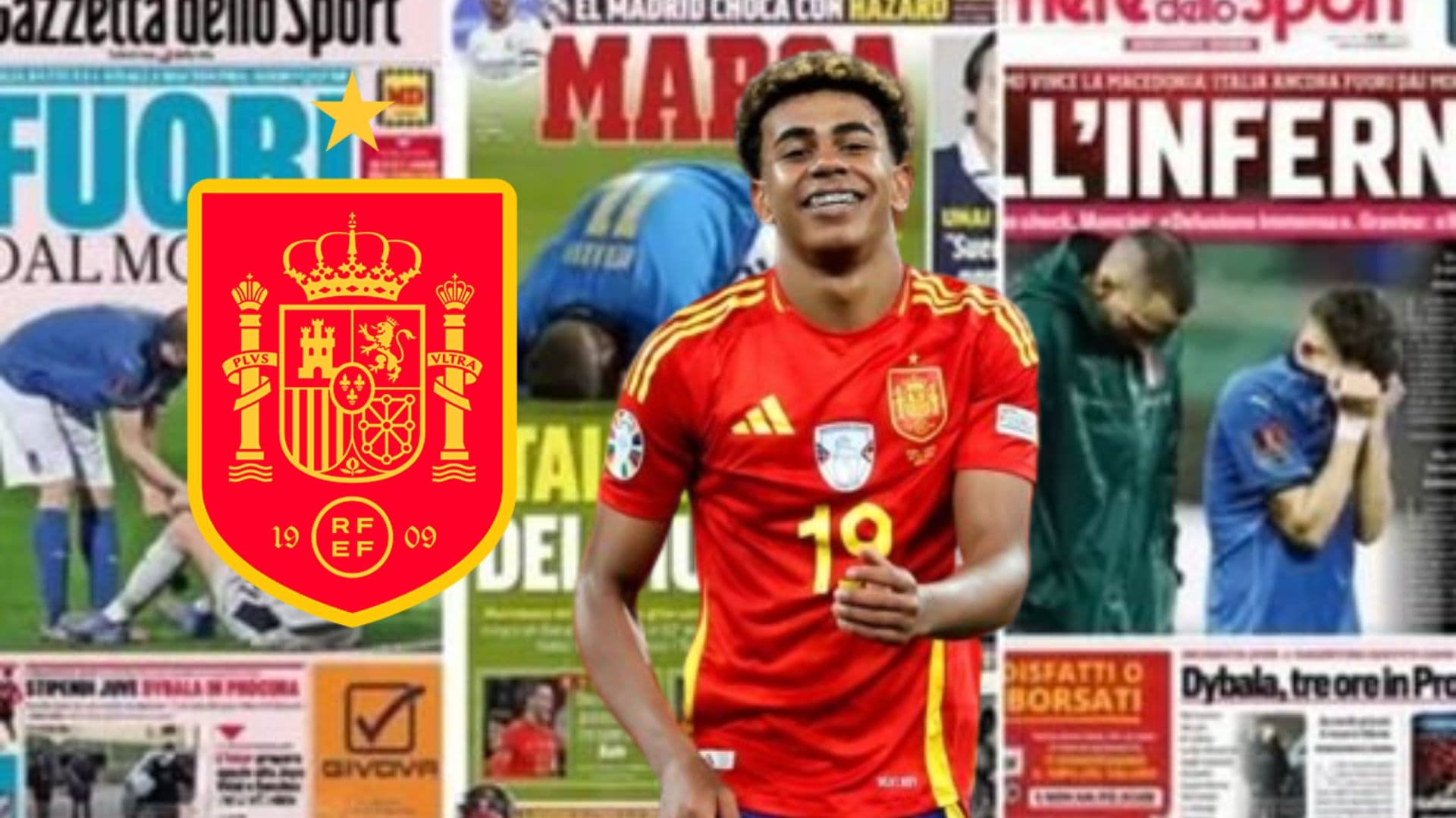 Lamine Yamal con la camiseta de España y los diarios internacionales. (Foto: collage)