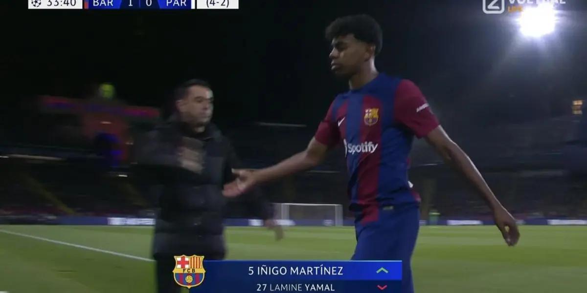 Lamine Yamal cuando fue sustituido en el FC Barcelona ante PSG por decisión de Xavi