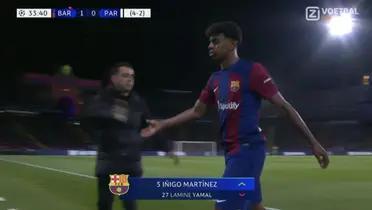 Lamine Yamal cuando fue sustituido en el FC Barcelona ante PSG por decisión de Xavi