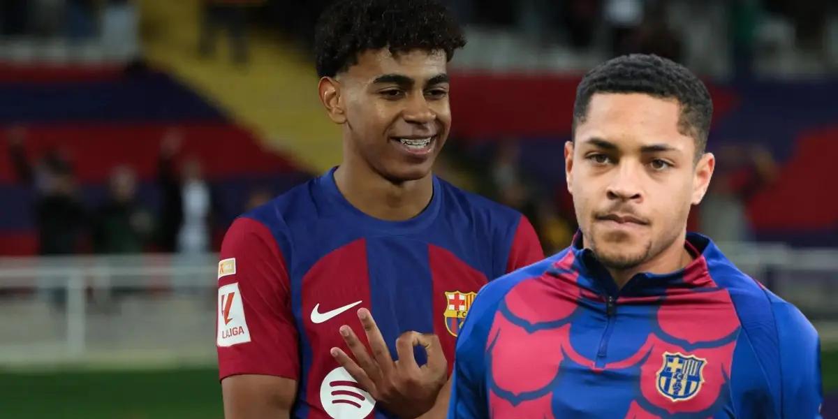 Lamine Yamal festeja con el FC Barcelona y Vitor Roque en el banquillo. (Foto: collage)