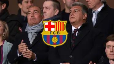Laporta en el estadio de Montjuic y el escudo del FC Barcelona.
