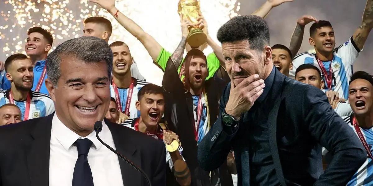 Laporta riendo, Simeone preocupado, Argentina campeón de mundo de fondo