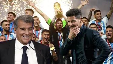 Laporta riendo, Simeone preocupado, Argentina campeón de mundo de fondo