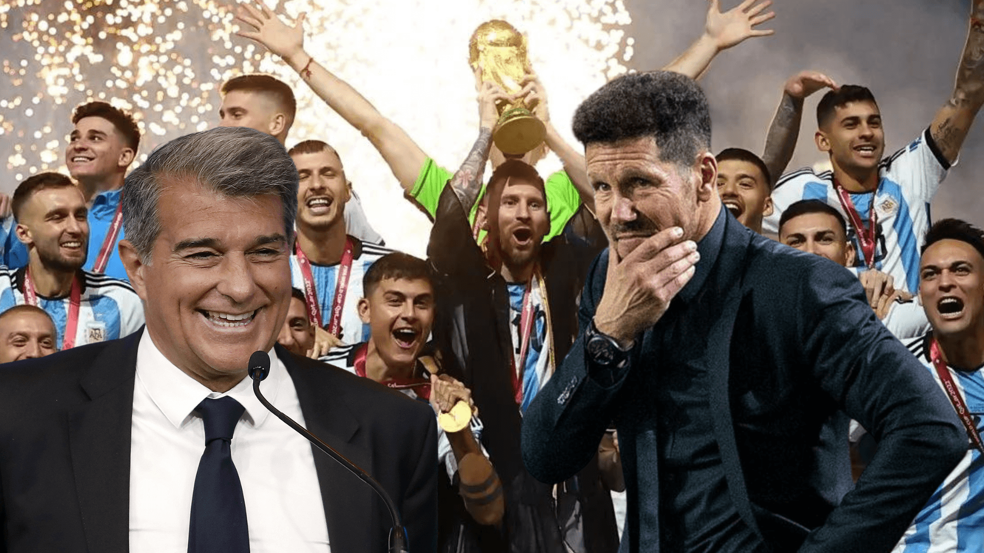 Laporta riendo, Simeone preocupado, Argentina campeón de mundo de fondo