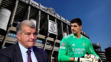 Laporta serio, Courtois lo mira, Bernabéu