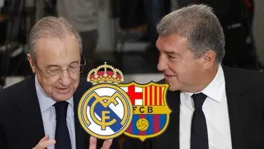 Laporta y Florentino Pérez charlando mano a mano, ante los escudos del Madrid y el Barça.