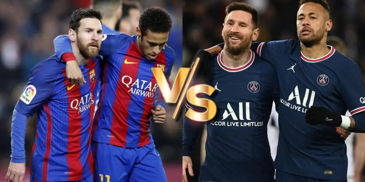 Lionel Messi y Neymar Junior con las camisetas del FC Barcelona y PSG