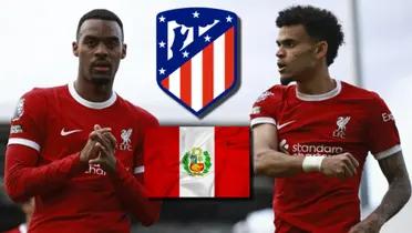 Liverpool festejando un gol y escudo de Atlético de Madrid