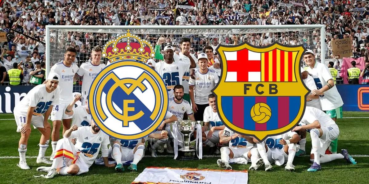 Los escudos del Real Madrid y el FC Barcelona, de fondo el Madrid festejando