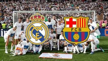 Los escudos del Real Madrid y el FC Barcelona, de fondo el Madrid festejando