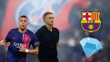 Luis Enrique pensativo. Mpappé con la camiseta de PSG, del otro lado escudo del Barcelona y una joya