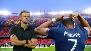 Luis Enrique serio, Mbappé sacándose la camiseta. Camp Nou de fondo.