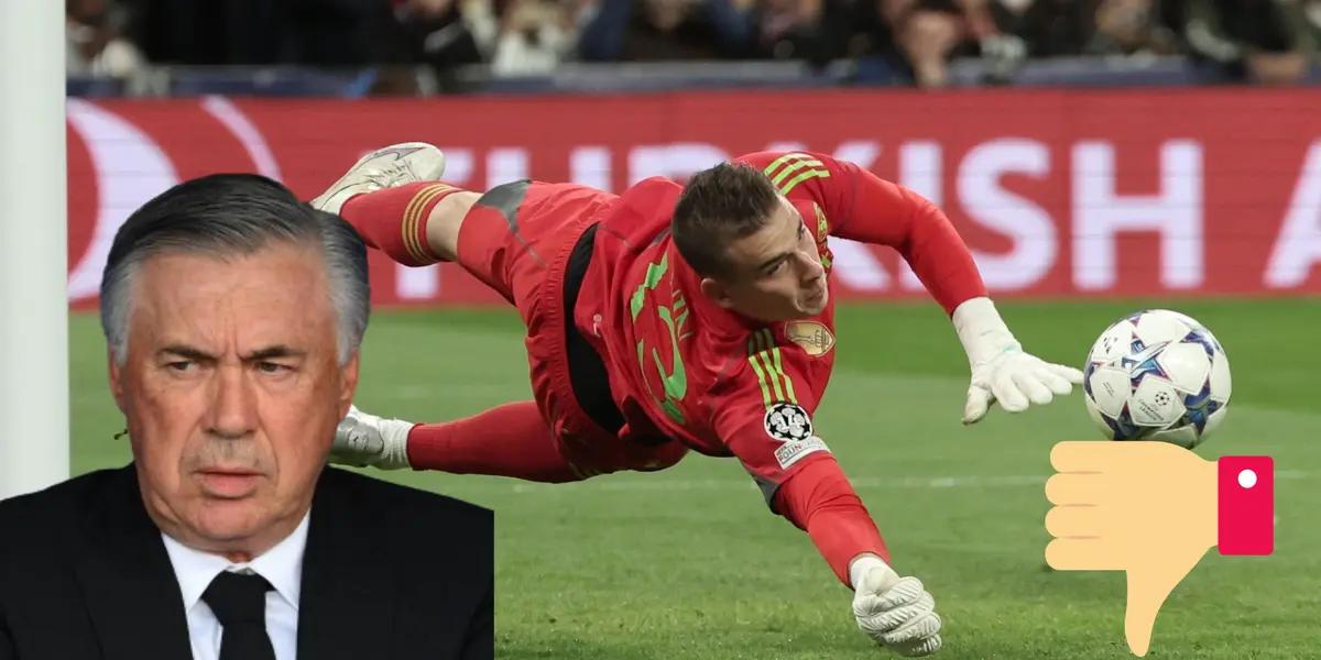 Lunin atajando un penal, Carlo Ancelotti serio y pulgar para abajo.