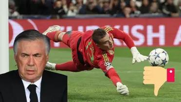 Lunin atajando un penal, Carlo Ancelotti serio y pulgar para abajo.