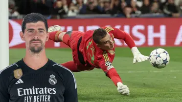 Lunin atajando un penal. Courtois con la camiseta del Real Madrid.