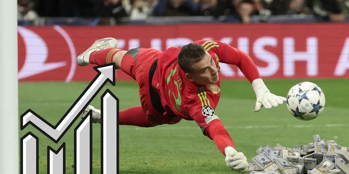 Lunin atajando un penal en Champions League frente a Manchester City