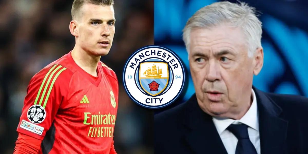 Lunin y Carlo Ancelotti, del Real Madrid