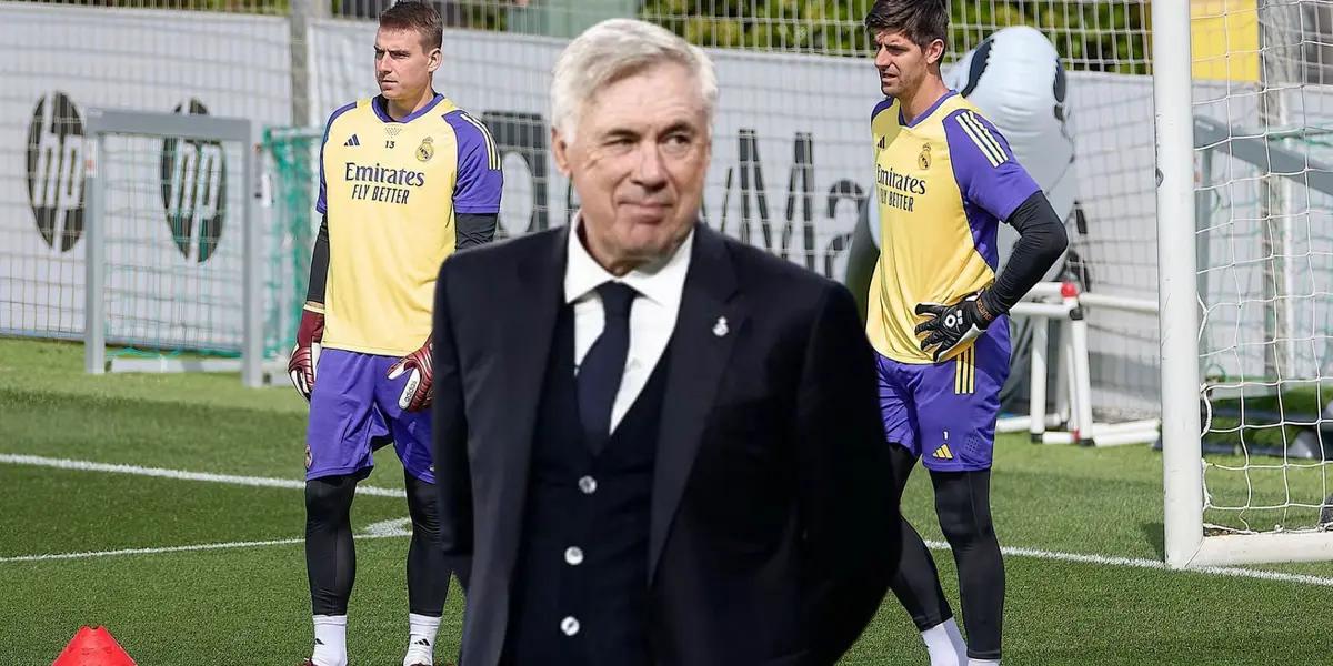 Lunin y Courtois en el entrenamiento del Real Madrid, Ancelotti sonriente.