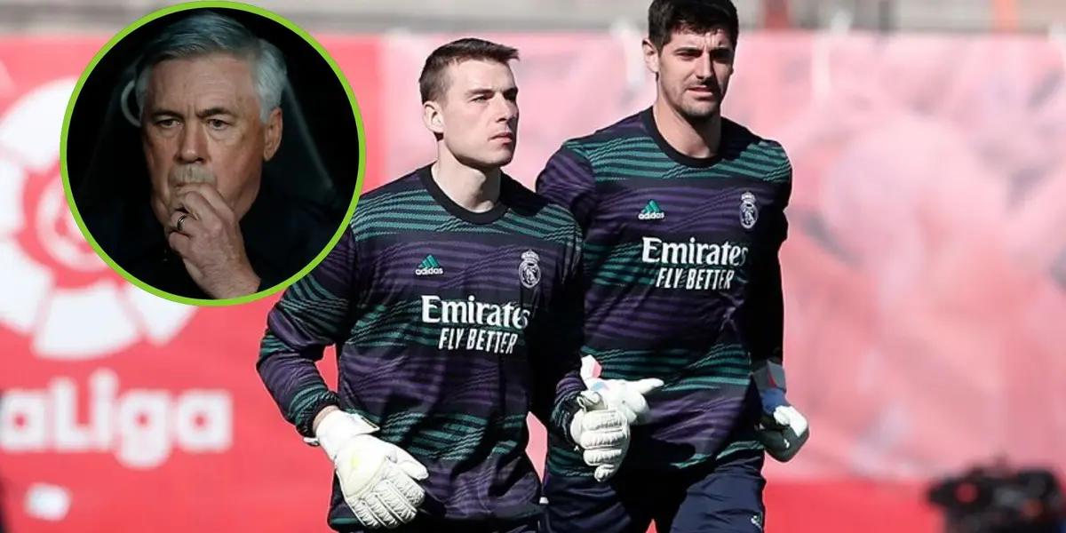 Lunin y Courtois entrenando en el Real Madrid, Ancelotti pensante.