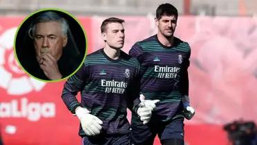 Lunin y Courtois entrenando en el Real Madrid, Ancelotti pensante.