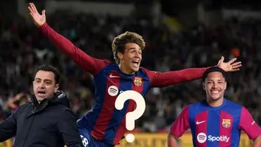 Marc Guiu en FC Barcelona. Xavi Hernández quejándose y del otro lado Vitor Roque. Signo de interrogación en medio.