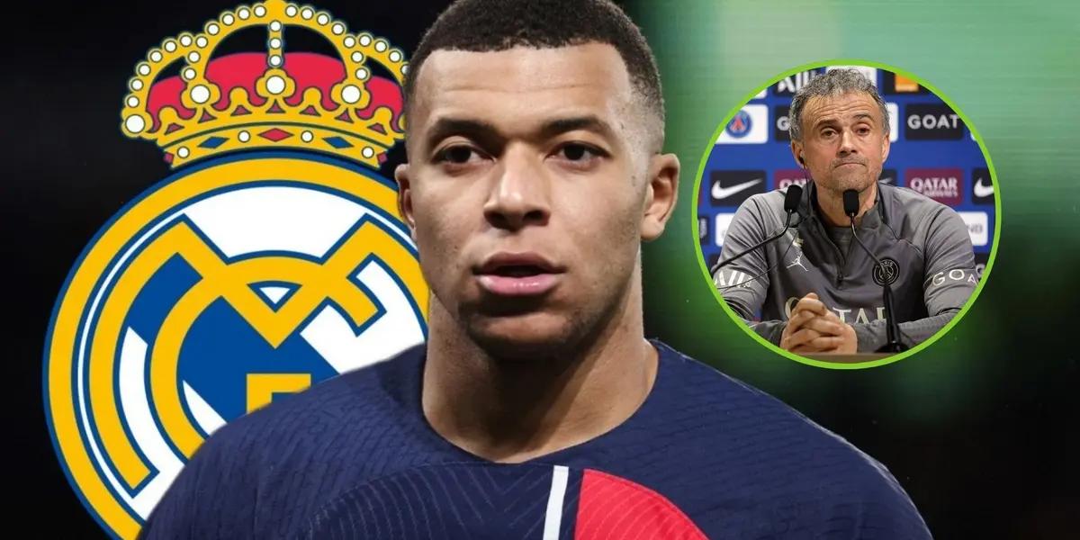 Mbappé con la camiseta del PSG y de fondo el escudo del Real Madrid, mientras Luis Enrique está en rueda de prensa.