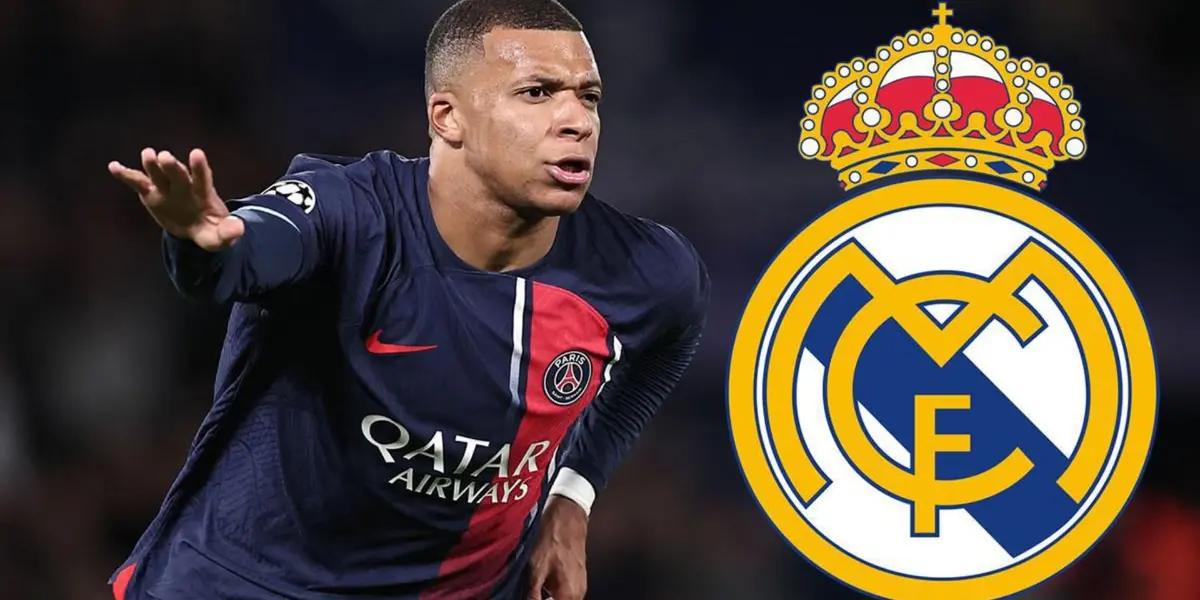 Mbappé con la camiseta del PSG y el escudo del Real Madrid.