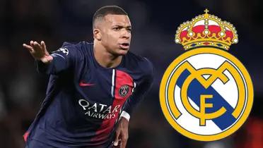 Mbappé con la camiseta del PSG y el escudo del Real Madrid.